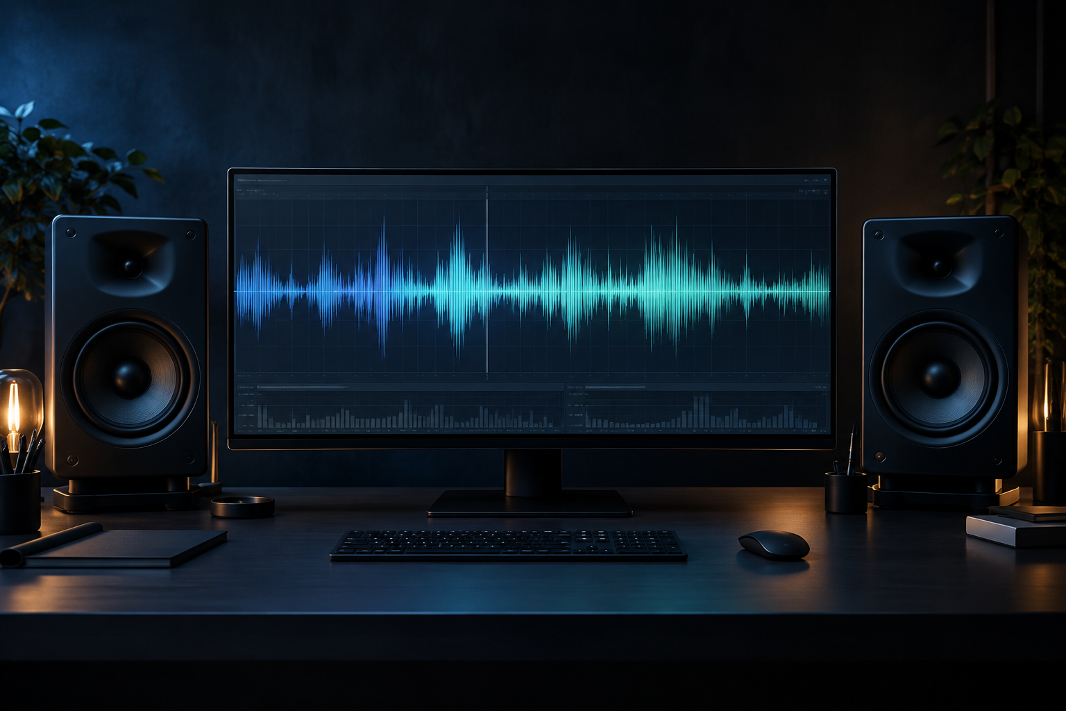Dark music desk with one monitor and two large speakers