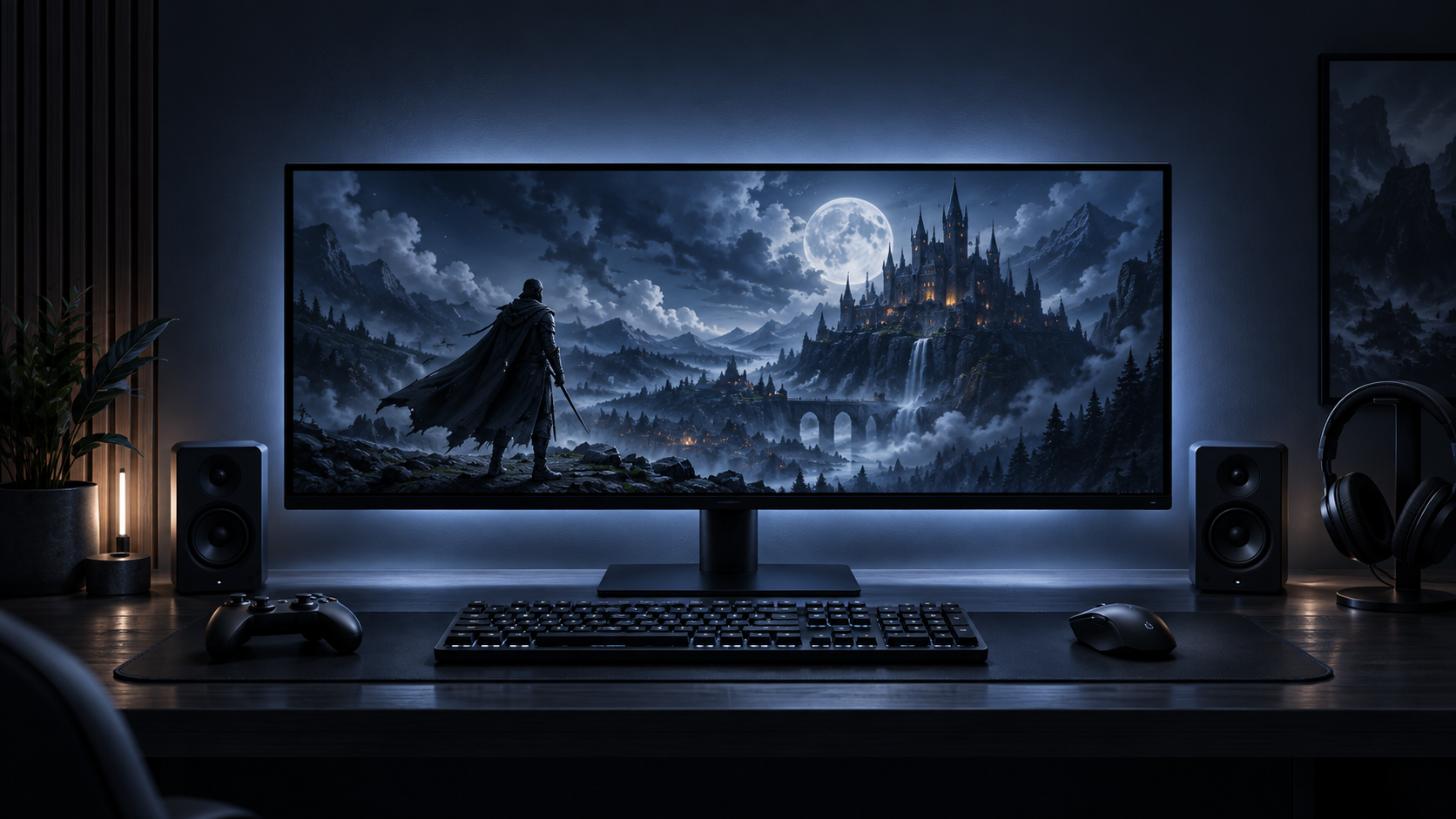 Dark ultrawide gaming workspace