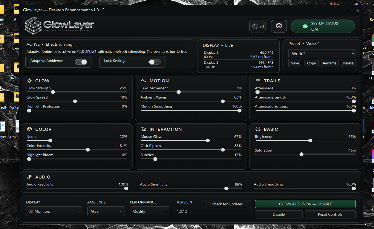 GlowLayer controls for glow, motion, trails, color, interaction and audio