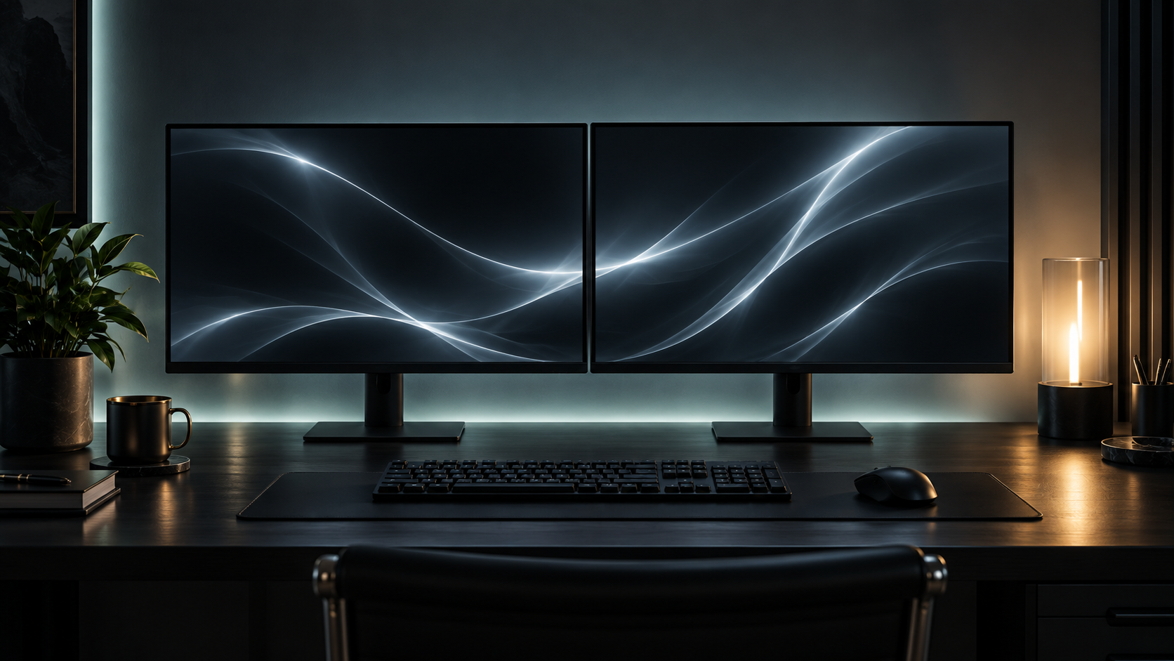 Dark dual-monitor workspace